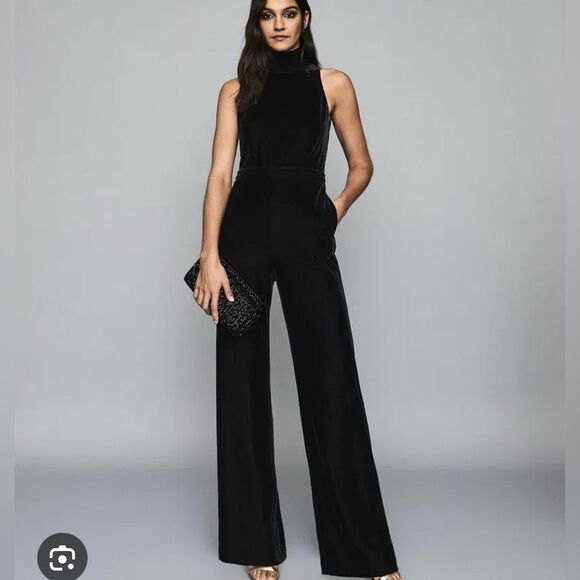 Reiss Pants - REISS women’s dori velvet jumpsuit 2 open back high neck quiet luxury black